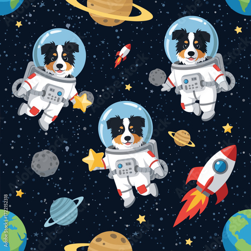 Cute cartoon dogs in astronaut suits floating in space with planets rockets and stars Playful cosmic adventure