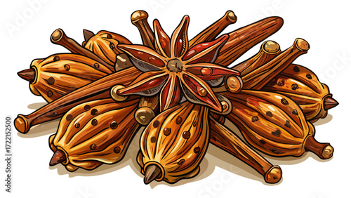 Dry spice cloves isolated on white background, aromatic seasoning element, detailed vector illustration, perfect for culinary designs, food packaging, kitchen decor, spice-themed graphics, natural coo