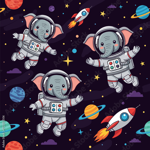 Cute astronaut elephants float in a whimsical space scene with planets and rockets inspiring adventure