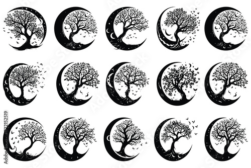 Mystical crescent moon embracing a detailed tree of life symbolism silhouette