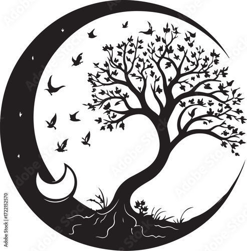 Mystical tree of life embraces crescent moon with flying birds silhouette