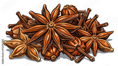 Dry spice cloves isolated on white background, aromatic seasoning element, detailed vector illustration, perfect for culinary designs, food packaging, kitchen decor, spice-themed graphics, natural coo