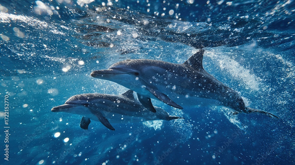 Obraz premium A few dolphins swim in a water body with bubbles at its bottom and surface