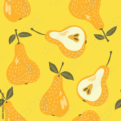Seamless pattern with pear on color background. Natural delicious fresh ripe tasty fruit. Sweet pears with leaves. Food concept. Vector illustration for print, fabric, textile.