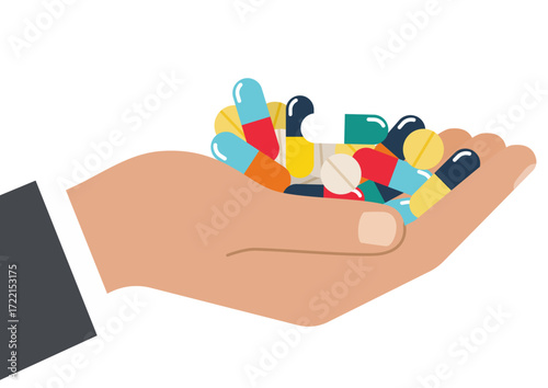 Man's hand holding a large pile of colorful pills and capsules. Healthcare, medicine, and pharmaceutical industry concept for treatment.