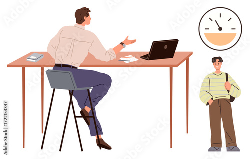 Mentor explaining at desk with laptop, as student listens nearby. Ideal for time management, education, mentorship, coaching, guidance, professional advice career growth. Simple flat metaphor