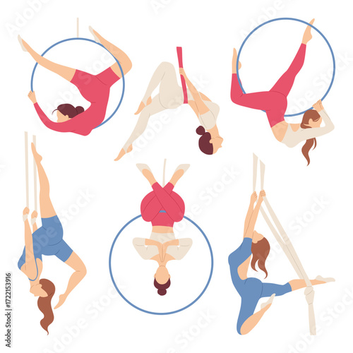Aerial Gymnastics Poses with Hoops and Hammocks.