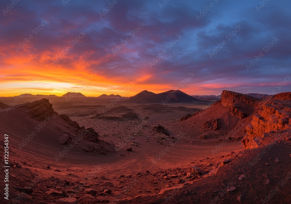 Naklejka premium Vast Volcanic Desert Plain Glowing with Red Rock Formations at Twilight