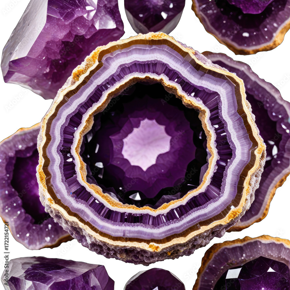 Obraz premium Close-up of amethyst geode slices. Purple, gold, crystal, layers, intricate