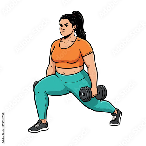Strong body positive woman doing a lower body workout with a heavy lunge