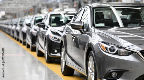 A long line of newly produced, polished cars, primarily sedans, neatly arranged within an automotive manufacturing plant.