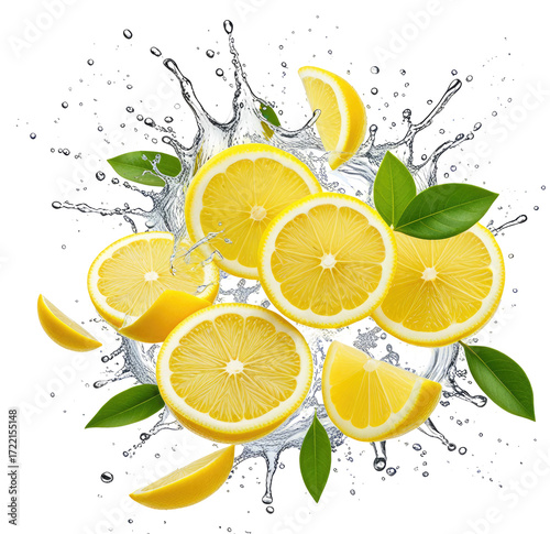 Juicy lemon slices splashing in water, leaves, dark background, for food ads