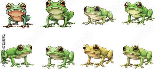 Cartoon frog illustration, green amphibians, character design, cute frog poses, whimsical animal art, frog expressions, playful style, nature theme, vector drawing, frog collection