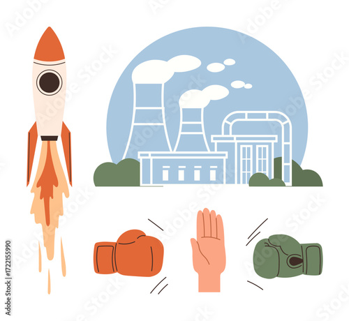Rocket taking off, industrial factory emitting smoke, boxing gloves in combat, raised hand signal. Ideal for innovation, energy, industry, conflict resolution, ecology power dynamics teamwork