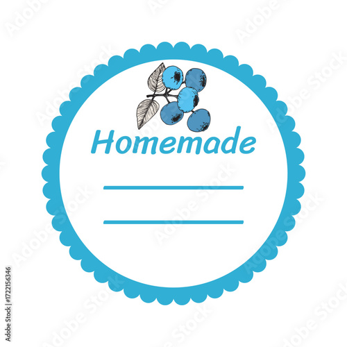 Template jam label design. Retro homemade label. Blueberry marmalade dessert product. Doodle vector illustration.