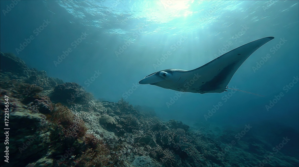 Fototapeta premium A manta ray glides above a vibrant coral reef in the crystal-clear depths of a remote island in the heart of the vast ocean