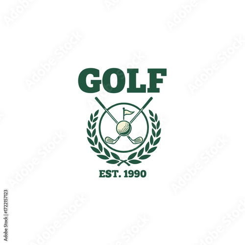 Golf logo featuring crossed clubs and laurel wreath, perfect for sport, recreation, and vintage design projects