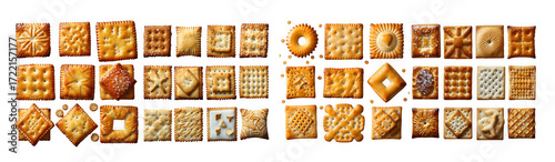 A diverse assortment of crackers, each with unique shapes, textures, and flavors, isolated on transparent background, offering a delightful snacking experience