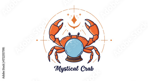 A mystical crab holding a crystal ball with stars and a compass in the background, mystical crab text