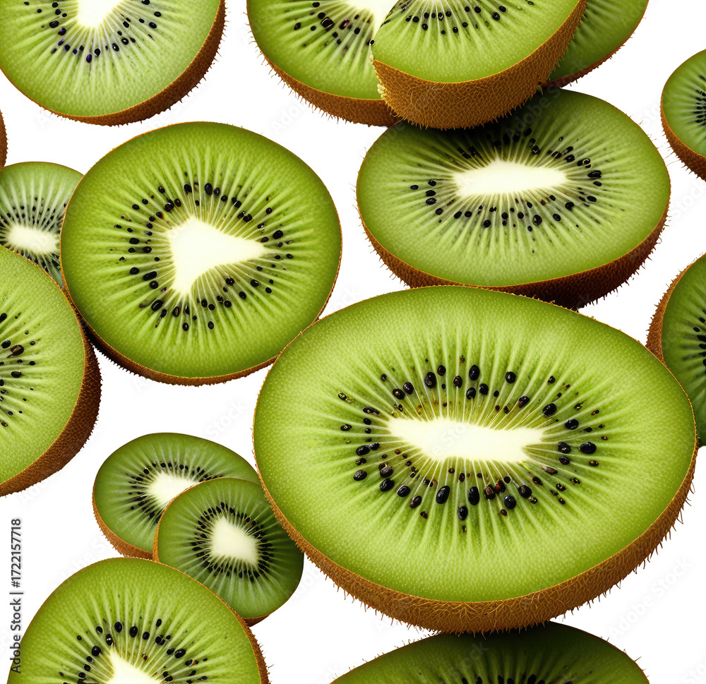 Fototapeta premium Juicy kiwi slices falling, studio shot, dark background, food packaging