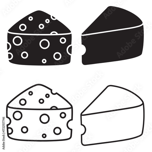 Cheese wedge icon set silhouette outline vector