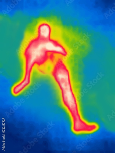 The man is sitting on the ground facing the other person.. Image from thermal imager device.
