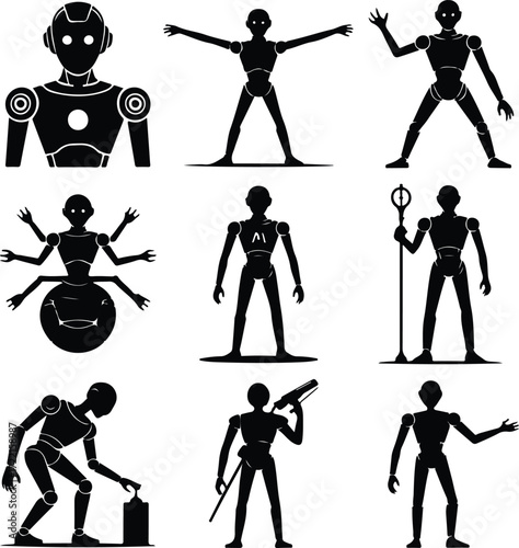 AI Robot Silhouette Icon Vector Collection Futuristic Robot and Android Silhouette Set
