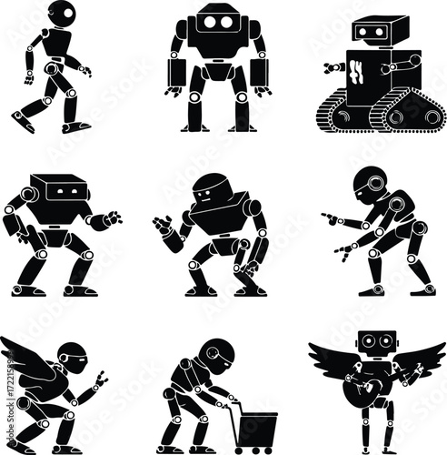 AI Robot Silhouette Icon Vector Collection Futuristic Robot and Android Silhouette Set