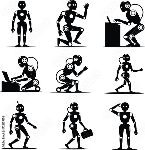 AI Robot Silhouette Icon Vector Collection Futuristic Robot and Android Silhouette Set