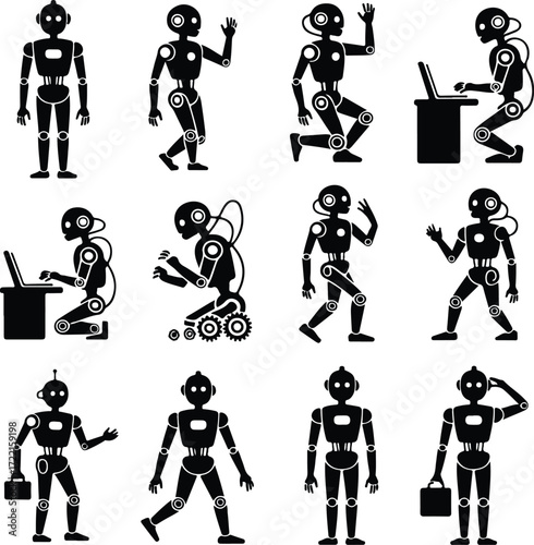 AI Robot Silhouette Icon Vector Collection Futuristic Robot and Android Silhouette Set