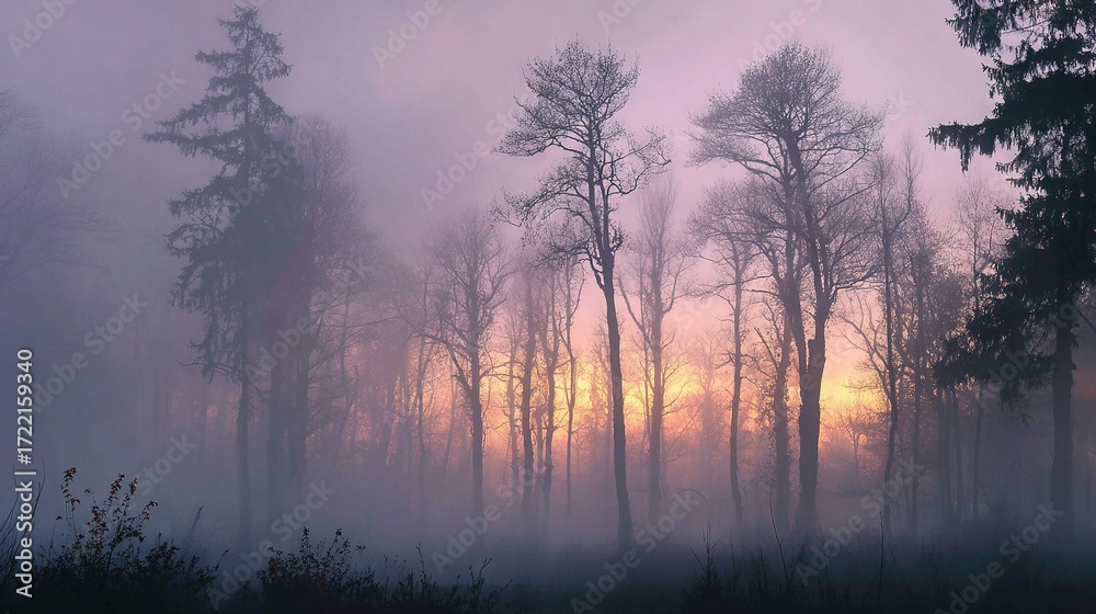 Fototapeta premium Forest with numerous trees in the foreground and sun illuminating the background