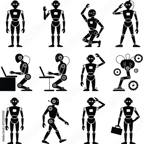 AI Robot Silhouette Icon Vector Collection Futuristic Robot and Android Silhouette Set