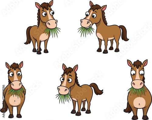 Brown cartoon horse standing upright, holding green grass, cute farm animal illustration, domestic horse character, livestock art, playful equine design, white background