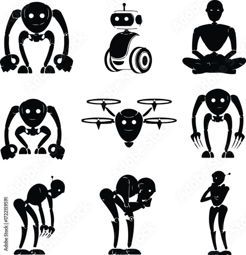 AI Robot Silhouette Icon Vector Collection Futuristic Robot and Android Silhouette Set