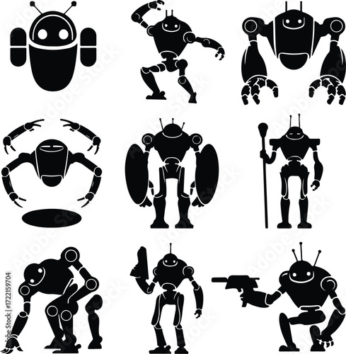 AI Robot Silhouette Icon Vector Collection Futuristic Robot and Android Silhouette Set