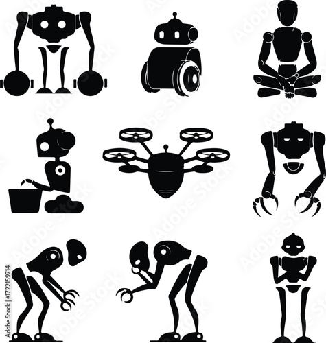 AI Robot Silhouette Icon Vector Collection Futuristic Robot and Android Silhouette Set