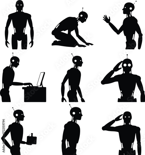 AI Robot Silhouette Icon Vector Collection Futuristic Robot and Android Silhouette Set