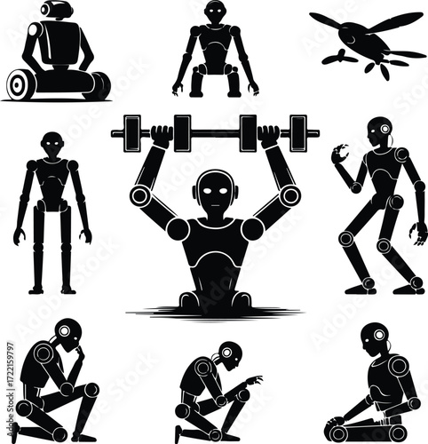 AI Robot Silhouette Icon Vector Collection Futuristic Robot and Android Silhouette Set