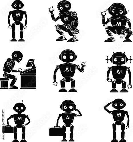 AI Robot Silhouette Icon Vector Collection Futuristic Robot and Android Silhouette Set
