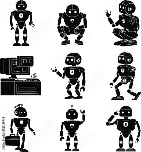 AI Robot Silhouette Icon Vector Collection Futuristic Robot and Android Silhouette Set