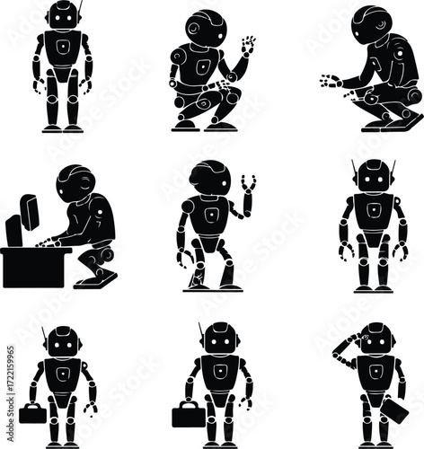 AI Robot Silhouette Icon Vector Collection Futuristic Robot and Android Silhouette Set