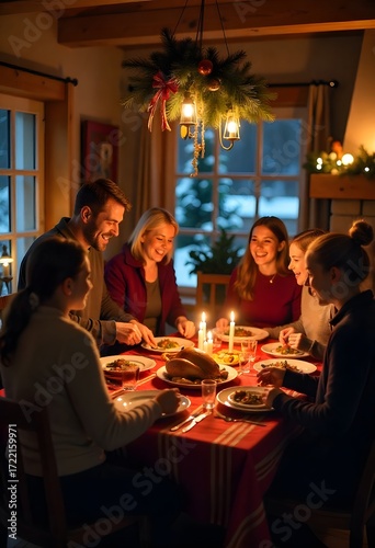 Joyful family shares a warm, candlelit holiday feast together around a festive table, creating cherished memories amidst winter's glow