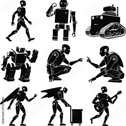 AI Robot Silhouette Icon Vector Collection Futuristic Robot and Android Silhouette Set