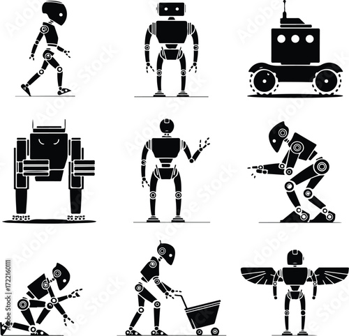 AI Robot Silhouette Icon Vector Collection Futuristic Robot and Android Silhouette Set