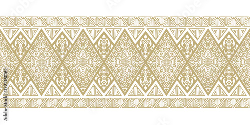 Seamless tribal ethnic pattern with geometric ornaments and traditional motifs on white background