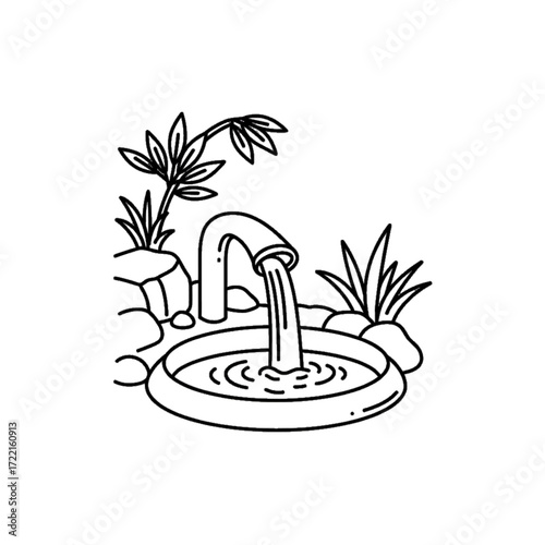 Water fountain Line art Peaceful zen garden with bamboo and rocks Tranquil oasis