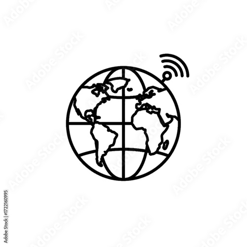 Globe with antenna Simple line drawing Global communication concept