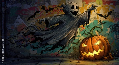 Halloween graffiti mural with ghost, bats, and pumpkin.