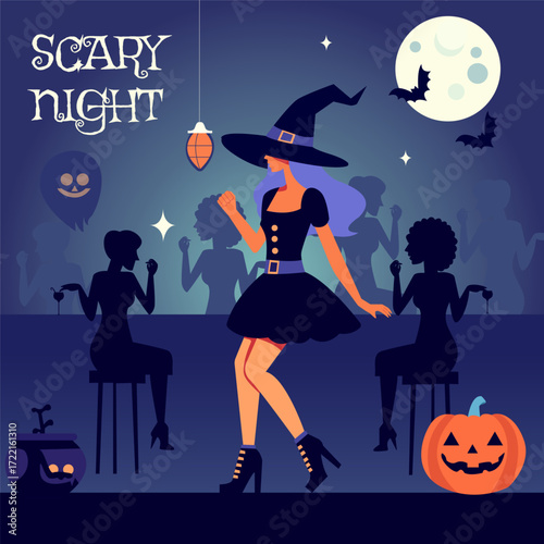 A stylish witch dances at a Halloween party under the moonlight. Silhouettes of people, bats, pumpkins, and spooky décor create a festive and eerie atmosphere.