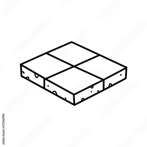 Square cheese block with four sections and textured surface  